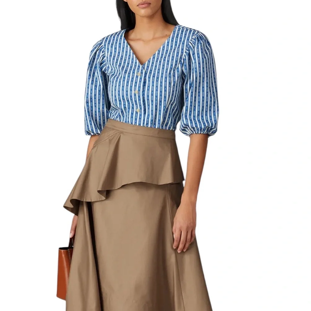 Tory Burch Cropped Gemini Link Striped Blue White Short Puff-Sleeve top 6